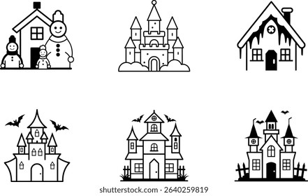 Christmas and Halloween elements line art.