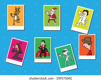 Christmas and Halloween people in postcard