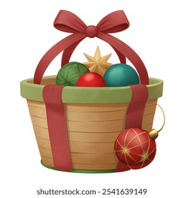 A Christmas hamper gift basket graphic illustration with baubles and bow ribbon. on white back