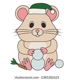 Christmas hamster makes a snowman. Vector illustration.