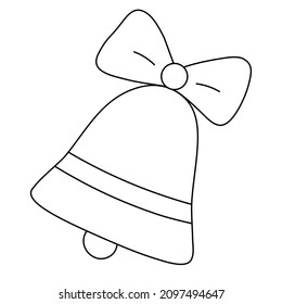 Christmas hand bell with a bow. School bell icon. Simple outline drawing. Handbell icon design. Vector illustration in doodle style. Black outlines isolated on a white background. 