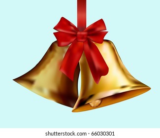 Christmas hand bells with a red bow on a blue background