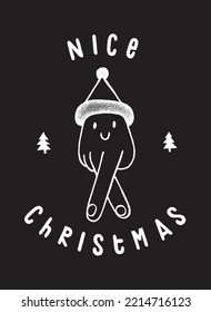 Christmas hand character. Human hand walking in Santa hat. Weird Christmas typography illustration.