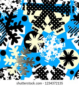 Christmas hand craft expressive ink seamless snowflakes pattern. Xmas endless texture for wallpaper, different doodles for fabric, wrapping, decoration, greeting card,  textiles 

