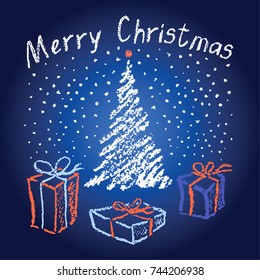 Christmas hand drawing background on blue dark and light. Falling snowflacke with christmas tree and box gift present. Crayon or pastel line drawn holiday vector snow copy space. 