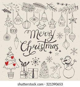 Christmas hand drawing decorative elements for design. Vector illustration