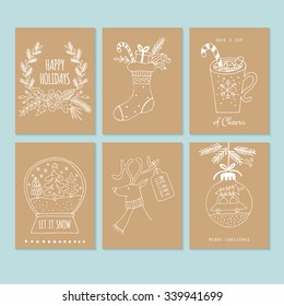 Christmas hand drawing greeting card set on brown paper. Isolated vector illustration