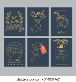 Christmas Hand Drawing Greeting Card Set In Blue And Gold. Isolated Vector Illustration