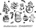 Christmas Hand Drawing, Natal, Tree, Bell, Sock, Snowman, Gift, Stick, Santa, Ball Decoration, Gingerbread Cookies, snowflake