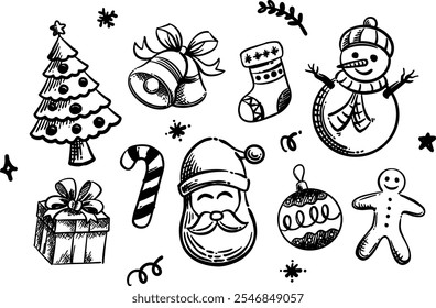 Desenho de mão de Natal, Natal, Árvore, Sino, Sock, Boneco de neve, Presente, Vara, Santa, Decoração de bola, Biscoitos de gengibre, floco de neve