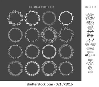 Christmas Hand Drawing Sketch Wreath Set For Design. Vector Illustration