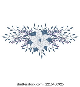 Christmas hand drawn arrangement with poinsettia, berries and leaves. Winter floral cozy elements. Vector floral frames. Happy New Year illustration isolated on a white background