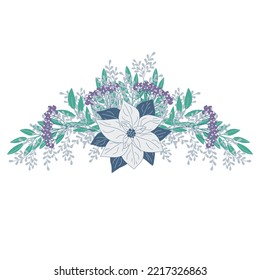 Christmas hand drawn arrangement with poinsettia, berries and leaves. Winter floral cozy elements. Vector floral frames. Happy New Year illustration isolated on a white background