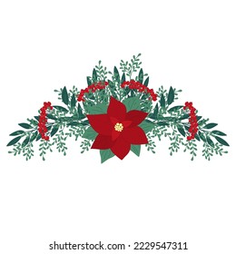 Christmas hand drawn arrangement with poinsettia, berries and leaves. Winter floral cozy elements. Vector floral frames. Happy New Year illustration isolated on a white background