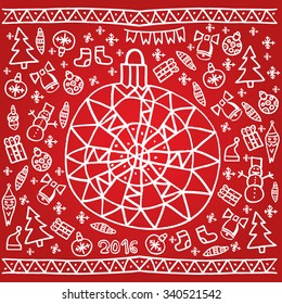Christmas hand drawn background with ball and ornament. Vector illustration. New Year invitation card. Holiday concept in red and white color.
