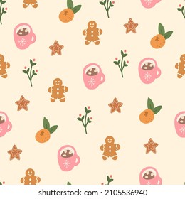 Christmas hand drawn background with candy, oranges, gingerbread. Happy New Year seamless pattern. Xmas party decor. Holiday texture. Season Celebration banner. Winter sale. Vector illustration.