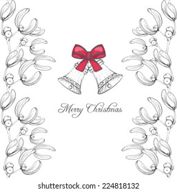 christmas hand drawn background with mistletoe and bells