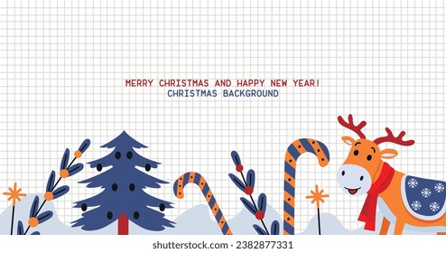 Christmas hand drawn background with new year elements, sweets, plants, pine, deer