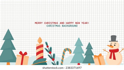 Christmas hand drawn background with new year elements, gifts, plants, pine, snowman