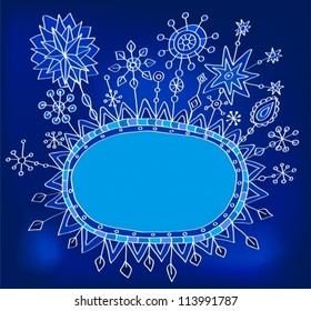 Christmas hand drawn background with place for text, cute illustration with snowflakes, vector