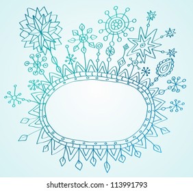Christmas hand drawn background with place for text, cute illustration with snowflakes, vector
