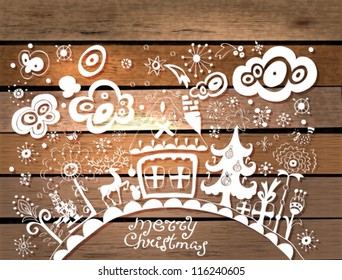 Christmas hand drawn background with place for text over wood texture, illustration in paper cut style, vector