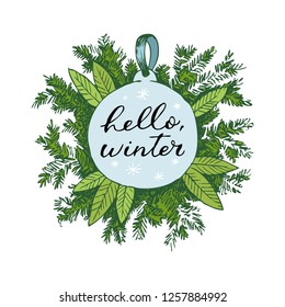 Christmas hand drawn ball and fur tree for xmas design. With balls, toys, holly berries. Vintage Xmas design. Isolated on white background