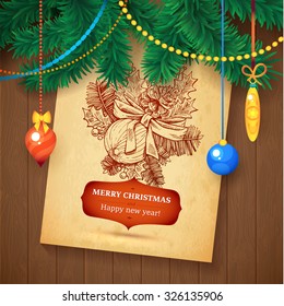 Christmas Hand Drawn Ball Vector sketch paper card for xmas design with balls. Toys and wood background and fur-tree branch design. Hand drawn unique illustration.