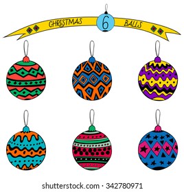 Christmas hand drawn balls. Cute christmas balls set with geometric Christmas ornament. Holiday invitation design. Isolated. Modern Colors Version.