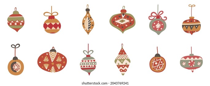 Christmas hand drawn balls set. Cute hanging bauble in boho style. Holiday decoration card. New Year label sale. Doodle texture for home decor. Season greeting design element. Vector illustration.