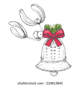 christmas hand drawn bell with mistletoe and pine branches