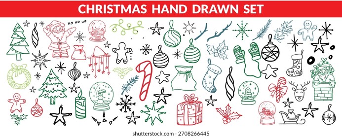 Weihnachten handgezeichnetes großes Set. Weihnachtsgeschmackssatz 