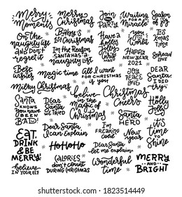 Christmas hand drawn black big lettering set. Xmas greetings, wishes handwritten phrases. Winter holidays sarcastic quotes. Cute New Year calligraphy collection. Poster, banner, card design elements.