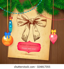 Christmas Hand Drawn Bow Vector sketch paper card for xmas design with balls. Toys and wood background and fur-tree branch design. Hand drawn unique illustration.