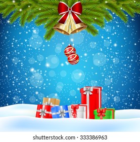 Christmas Hand Drawn Bow Vector sketch paper card for xmas design with bells