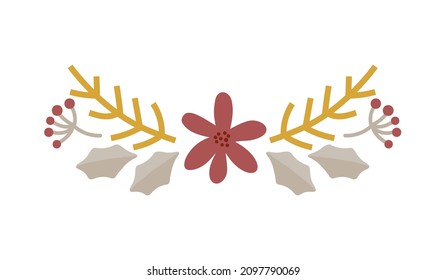 Christmas Hand Drawn branch and flower Vector Border divider. Design Elements Decoration Wreath and Holidays symbol with Flower and berries scandinavian branches.