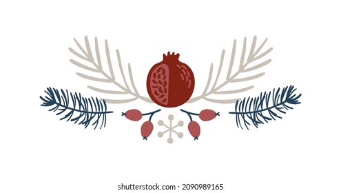 Christmas Hand Drawn branch and garnet Vector Border divider. Design Elements Decoration Wreath and Holidays symbol with Flower and berries scandinavian branches.