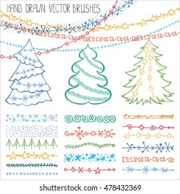 Christmas Hand drawn brushes,line border.New year,holiday doodle pattern textures,snowflakes,  stars ornament,garland,fir tree.Decoration vector set.Winter symbols.Used  brushes included