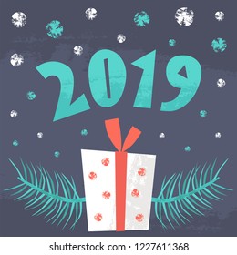 Christmas hand drawn card with gift and snow. Vector illustration with stamp elements.