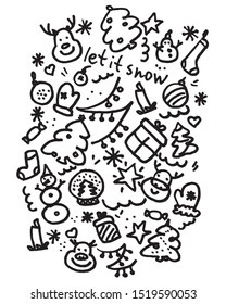 Christmas hand drawn card. New year concept. Black on white. Christmas icon set