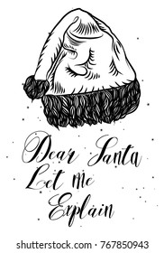 Christmas hand drawn card with Christmas Santa Clause Hat illustration. Vector.