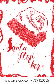 Christmas hand drawn card with Christmas Santa Clause Hat illustration. Vector.