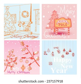 Christmas hand drawn card set. Vector illustration.