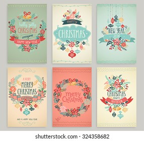 Christmas hand drawn card set. Vector illustration.