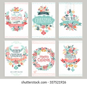 Christmas hand drawn card set. Vector illustration.