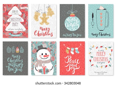 Christmas hand drawn card set. Vector illustration.