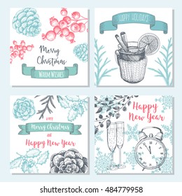 Christmas hand drawn card set. Vector illustration. Xmas banner collection. Linear graphic. Design template for New Year and Christmas.