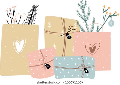 Christmas hand drawn card. Vector illustration.holidays present, design Perfect for web, greeting card, poster, tag, sticker kit, winter, new year, cute hand draw