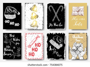 Christmas hand drawn cards with calligraphy ho ho ho, Joy Peace Love, Here Comes Santa, Best Wishes for the Holiday Season, Santa Stop Here, Christmas Time. Vector. 