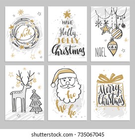 Christmas hand drawn cards with Santa, Christmas balls, presents, deer and wreath. Vector illustration.